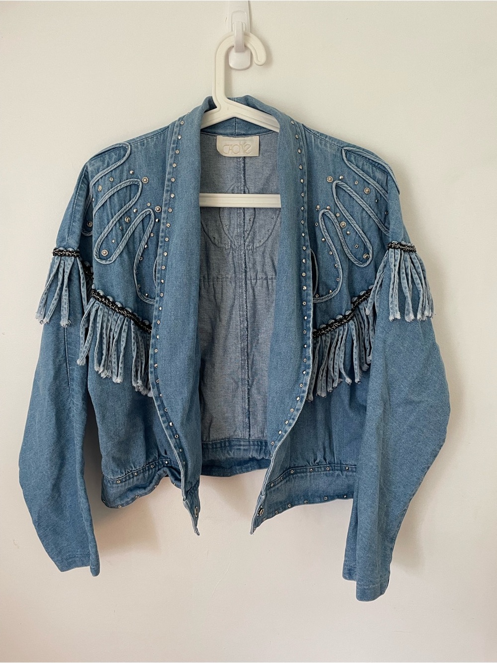 Vintage cache western fringe rhinestone denim jacket size M - Picture 7 of 10